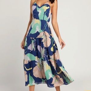 Blue Multi Floral Lace-Up Tiered Midi Dress